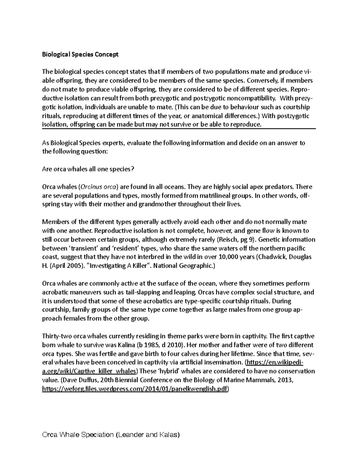 Orca Handout - orcas - Biological Species Concept The biological ...