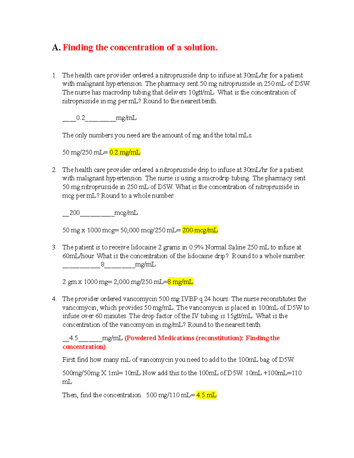 Math 1 Med Surg II Critical Care Dosage Calculations Practice Q&A - Studocu