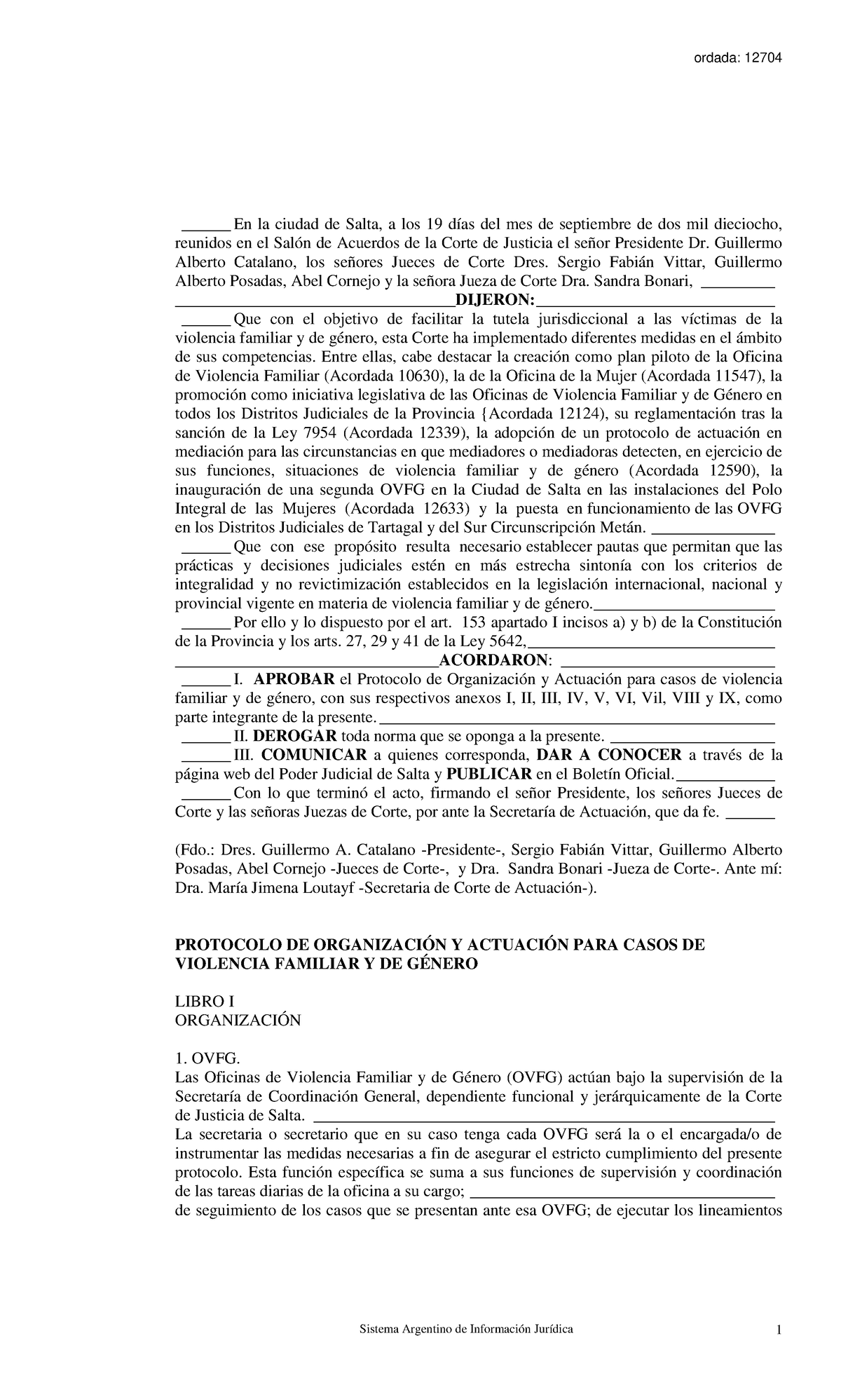 Acordada 12704: Protocolo de Actuación en Casos de Violencia Familiar y ...