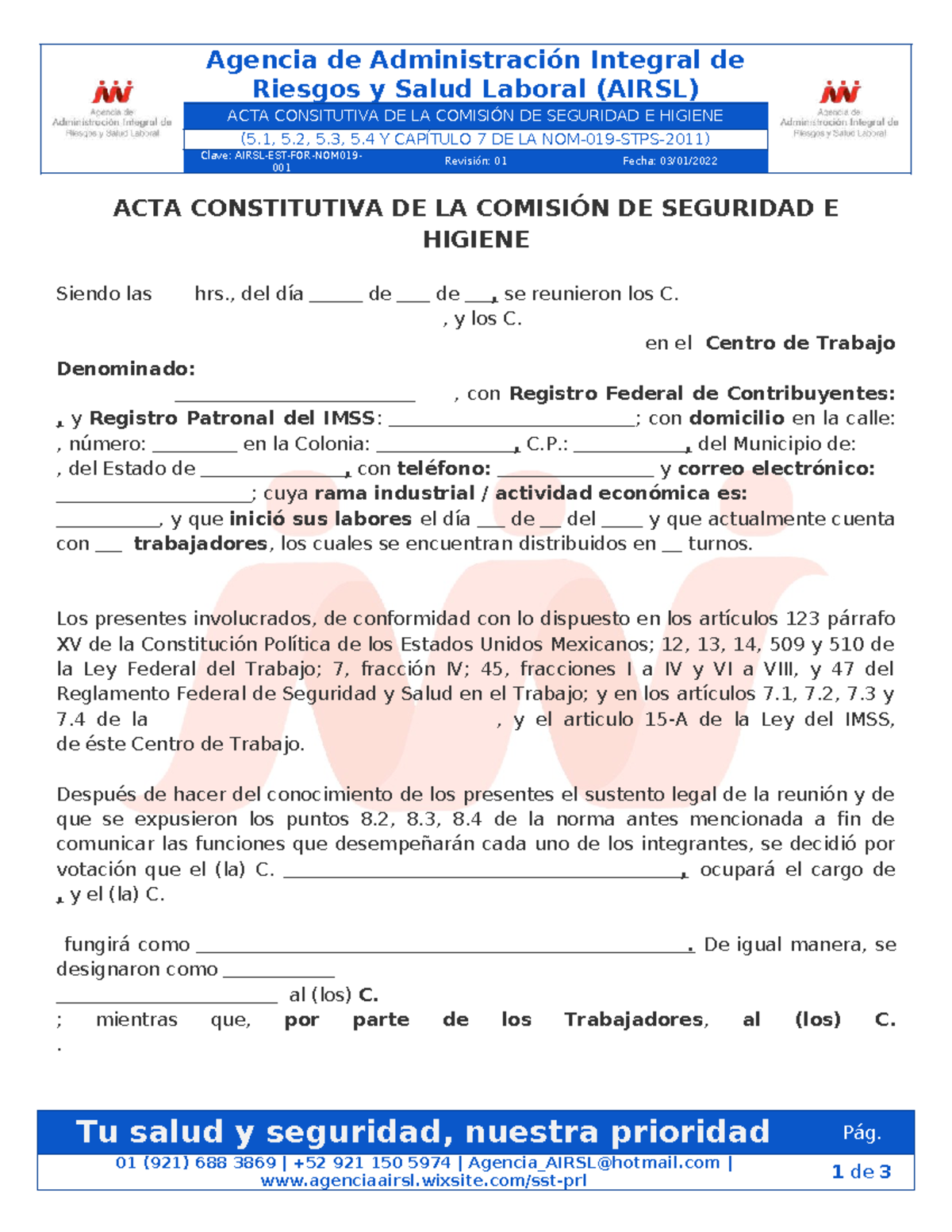 Acta Constitutiva de la Comisión de Seguridad e Higiene (AIRSL) - Studocu