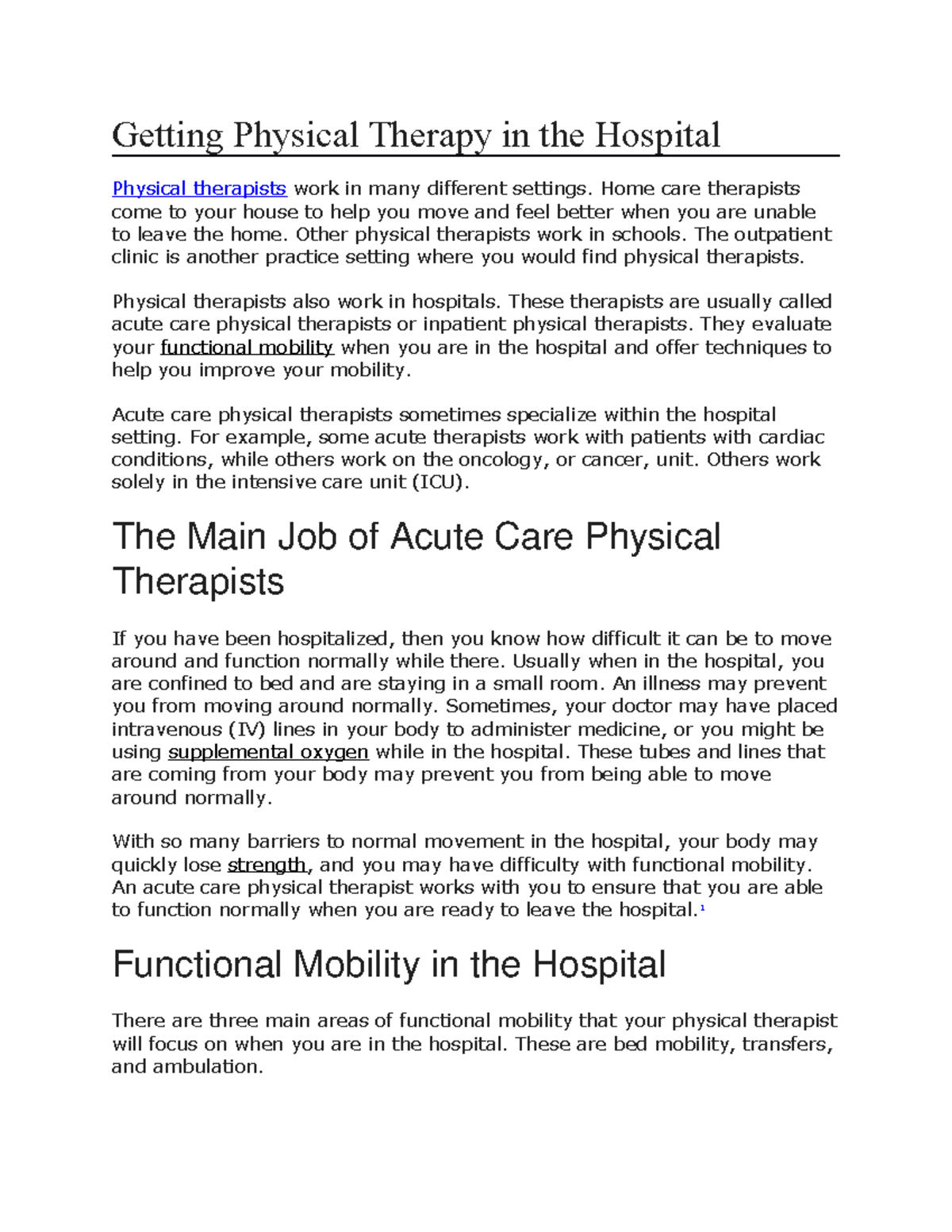 Physical Therapy in the Hospital: Improving Functional Mobility - Studocu