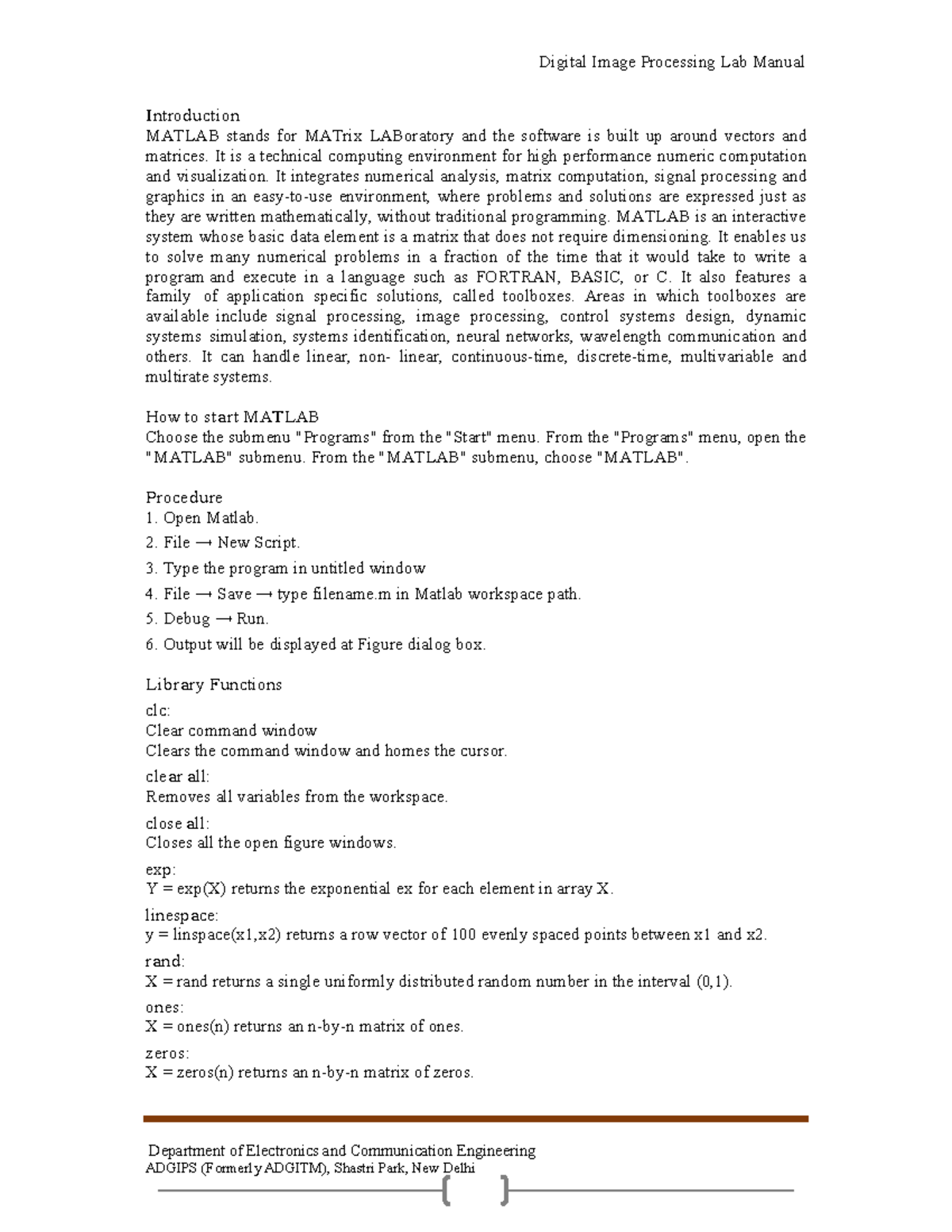 Digital Image Processing Lab Manual (DIP 101) - MATLAB Experiments ...