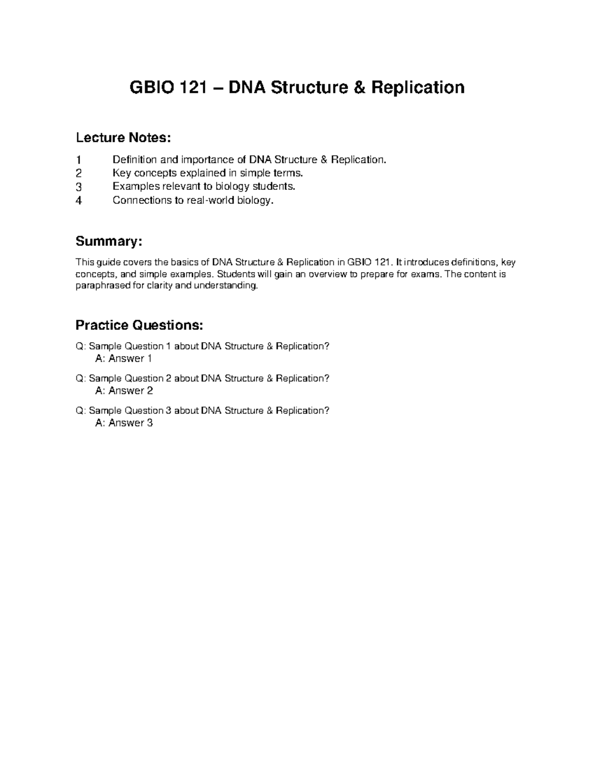 GBIO 121 Lecture Notes: DNA Structure & Replication Overview - Studocu