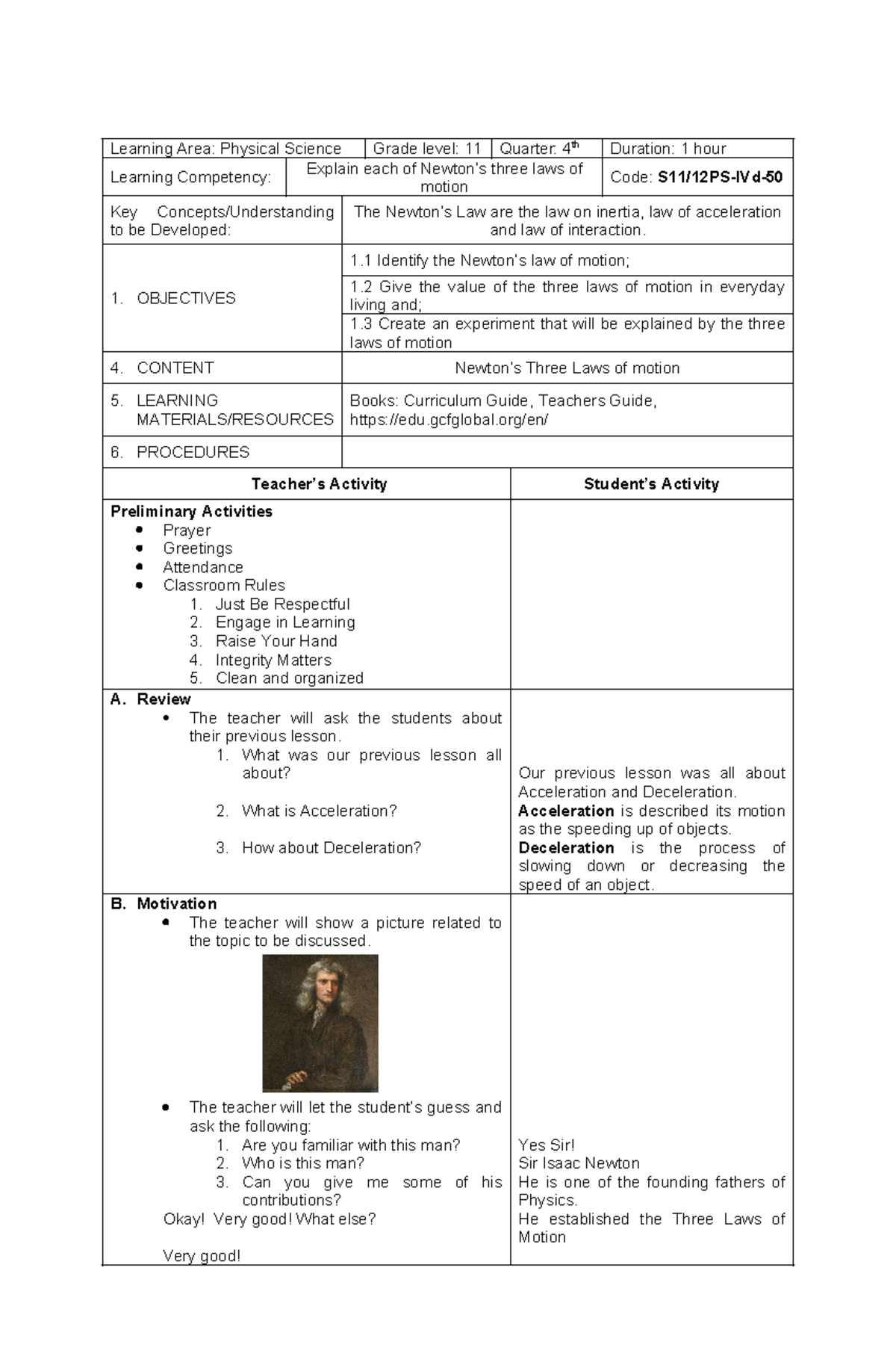 Detailed Lesson Plan: Newton's Laws of Motion - S11/12PS-IVd - Studocu