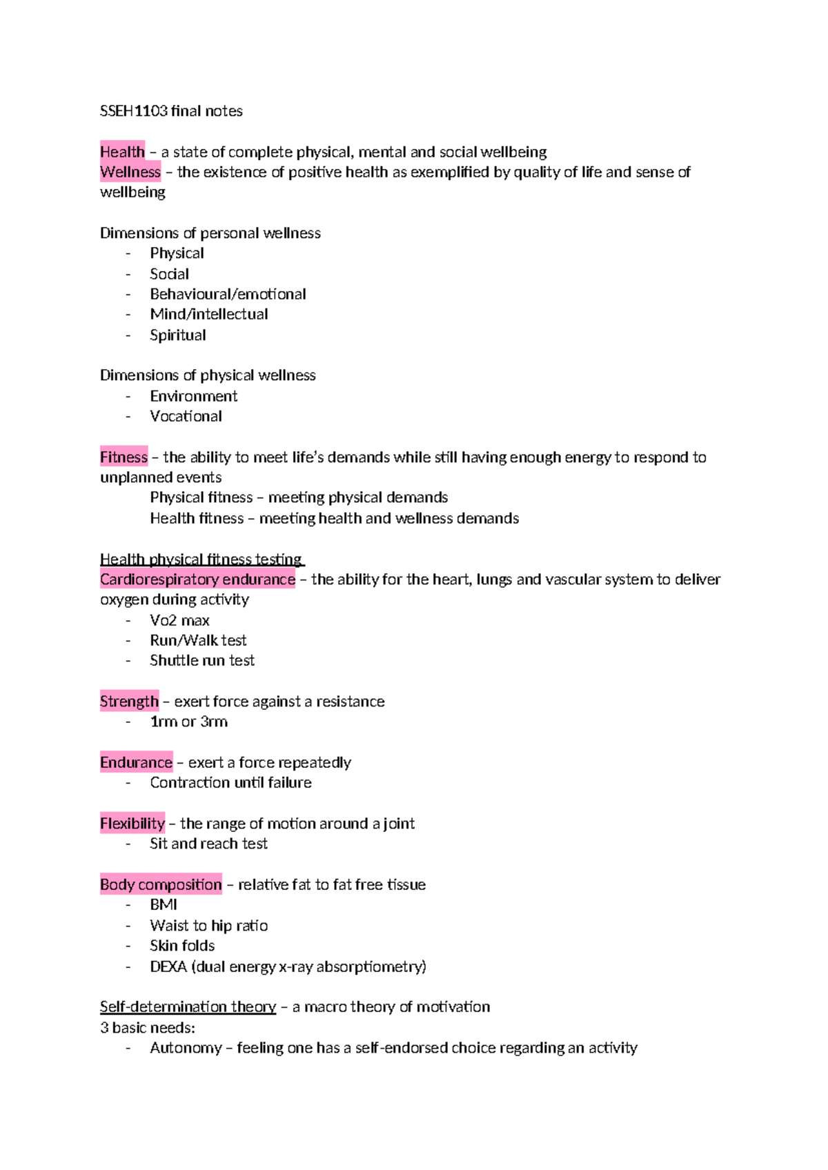 SSEH1103 Final Exam Study Notes on Wellness and Fitness Concepts - Studocu