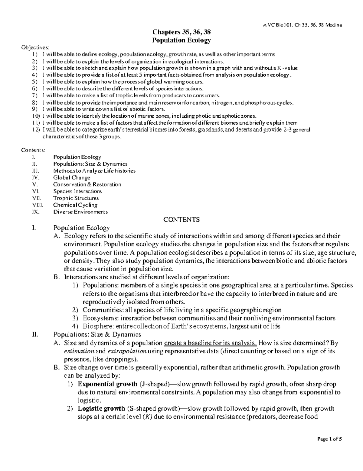 Population Ecology Study Notes: AVC Bio101 Ch 35-38 Overview - Studocu