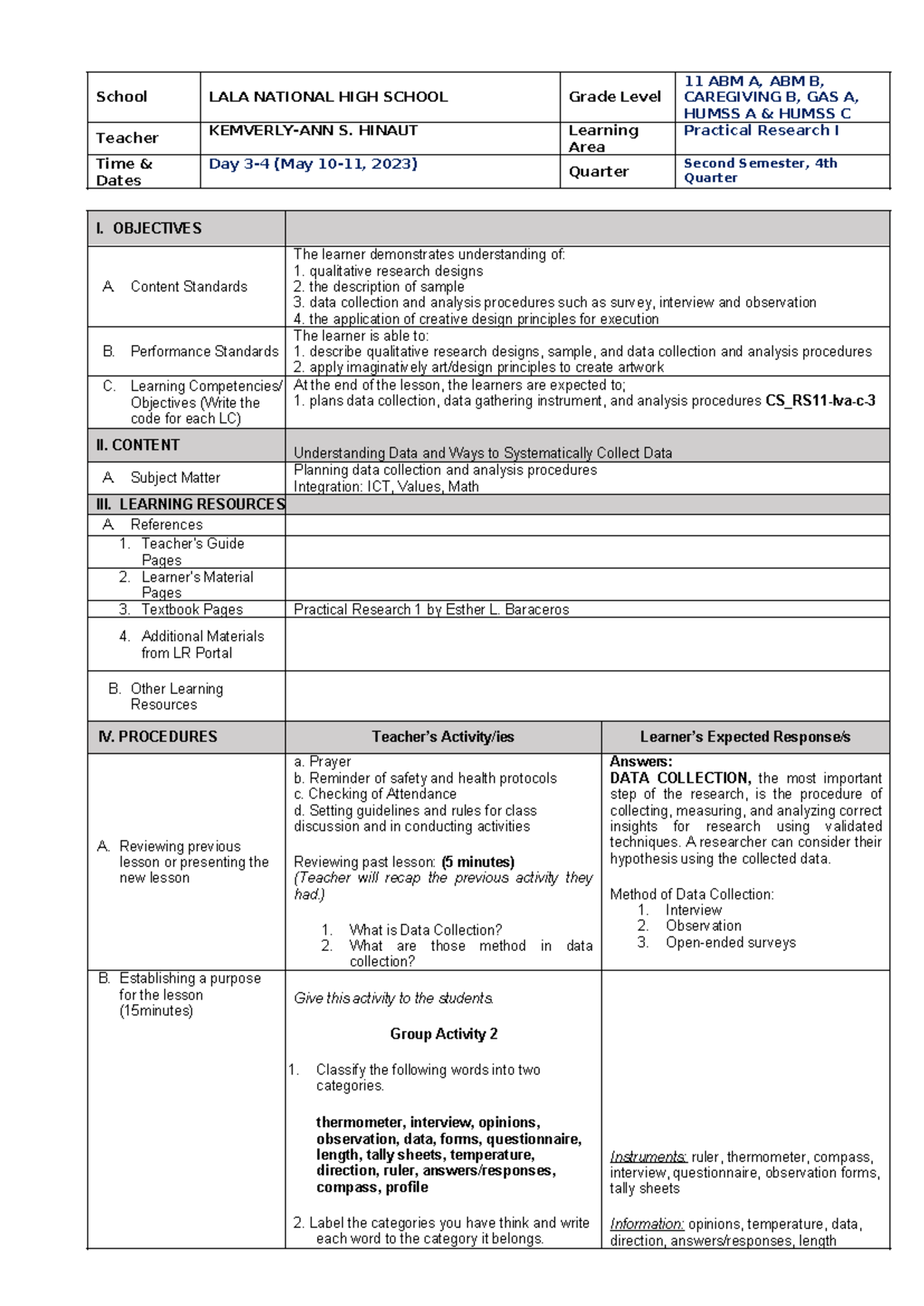 Practical Research I DLP: Lesson Plan for Days 3-4 (May 2023) - Studocu