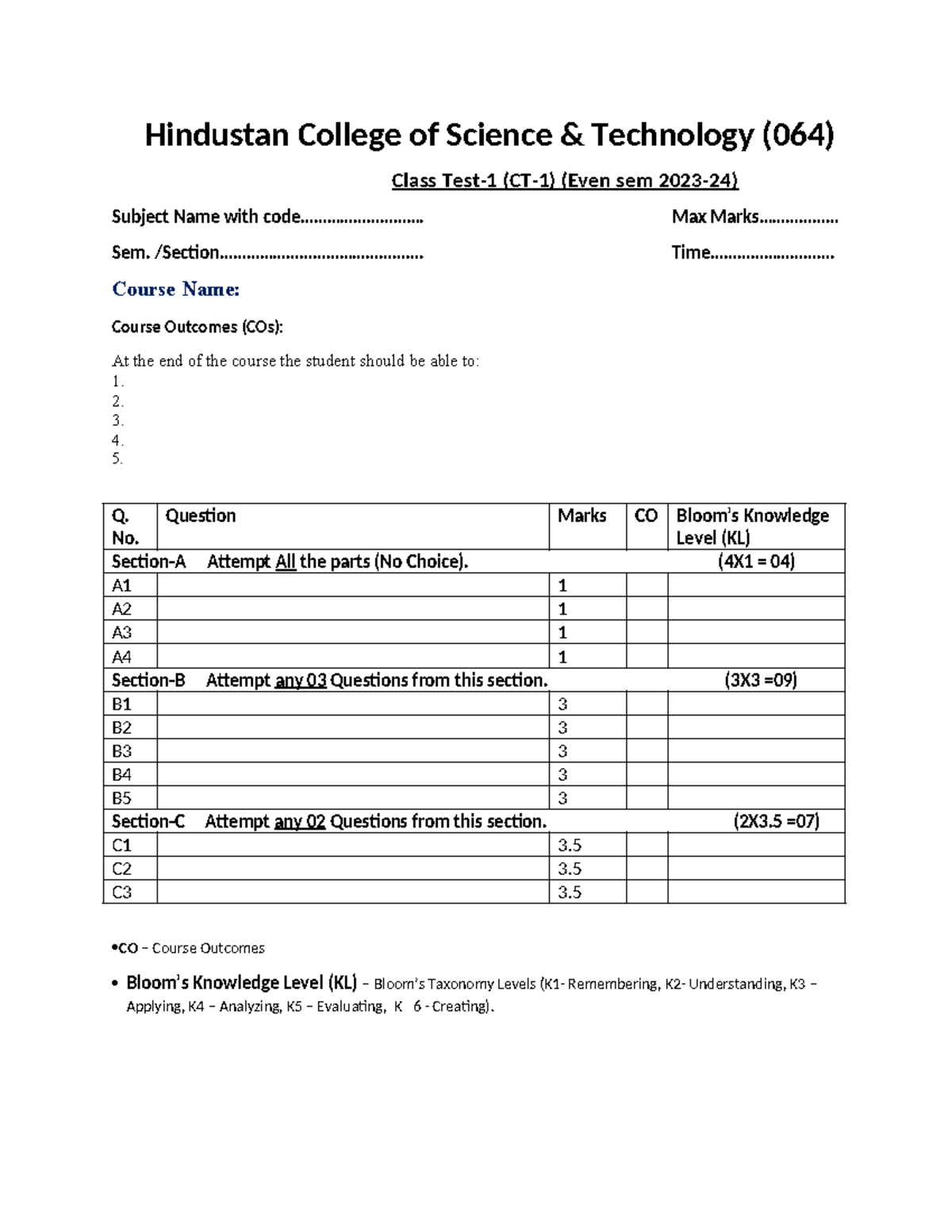 Question Paper format for CT-1 (2 & 4) 2023-24 - Hindustan College of ...
