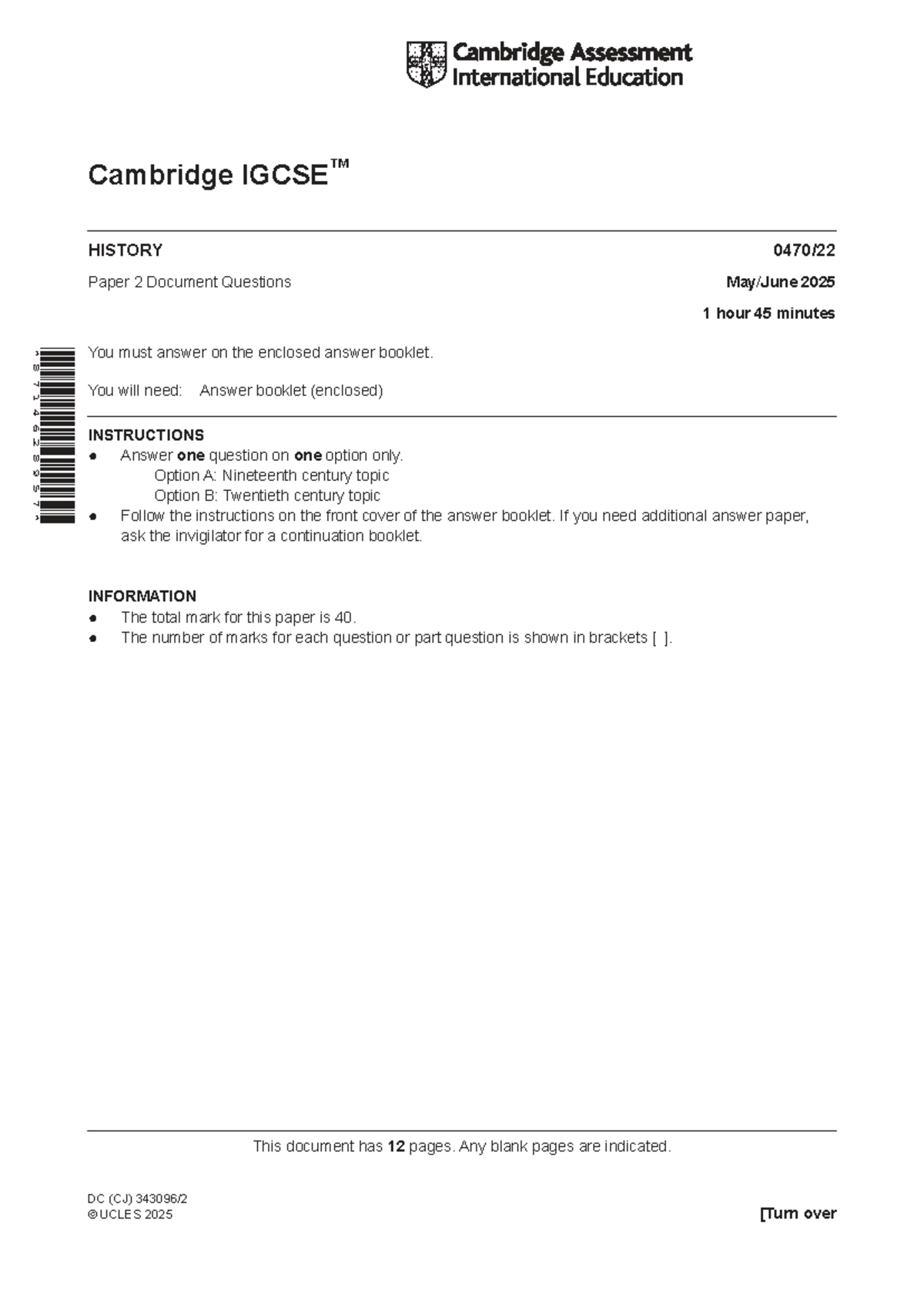 Cambridge HISTORY Paper 2 Document Questions 2025 - Practice Paper ...
