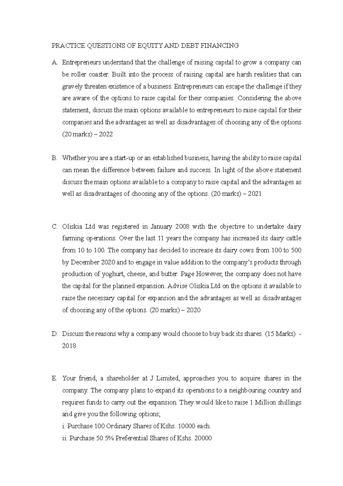 Practice Questions on Equity & Debt Financing (2022-2018) - Studocu