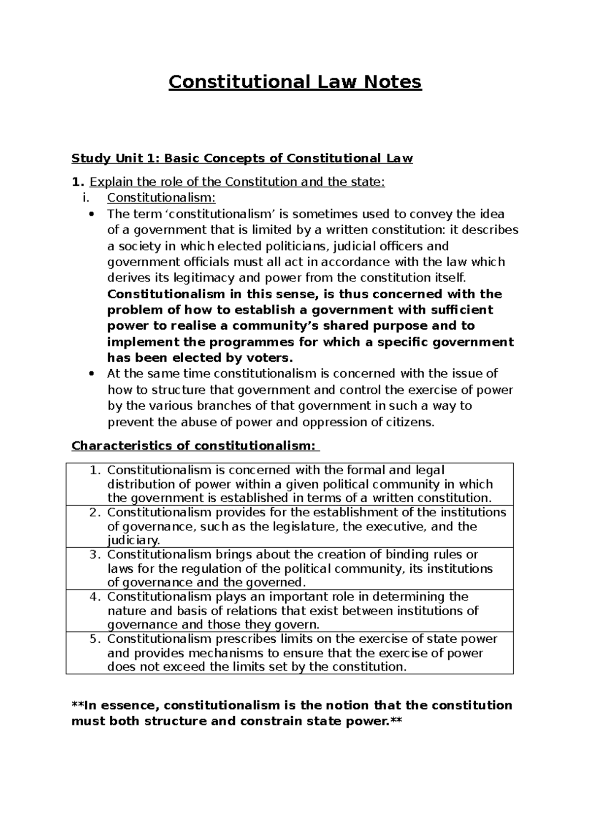 Constitutional Law Study Notes: Key Concepts and Models (LA101) - Studocu
