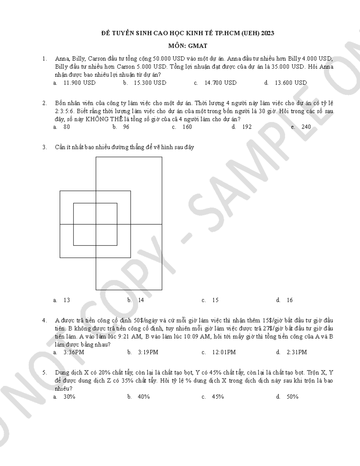 ĐỀ TUYỂN SINH CAO HỌC KINH TẾ TP.HCM (UEH) 2023 - GMAT Sample Questions - Document Preview