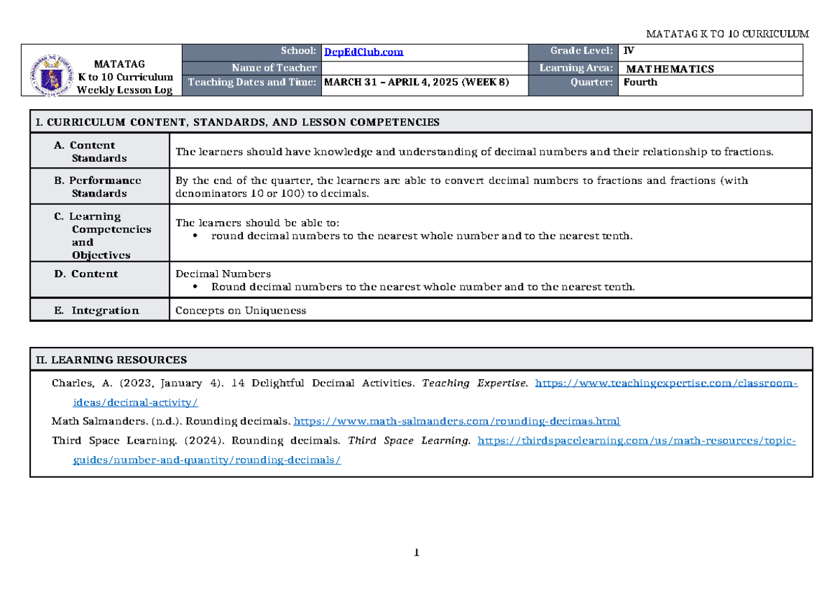 DLL Matatag MATH 4 Q4 W8 - Rounding Decimals Lesson Plan - Studocu