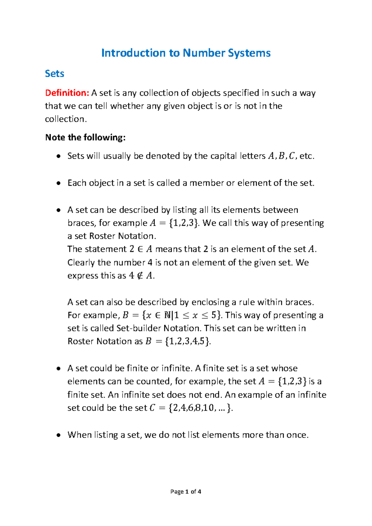 Introduction to Number Systems: Sets and Their Definitions - Studocu