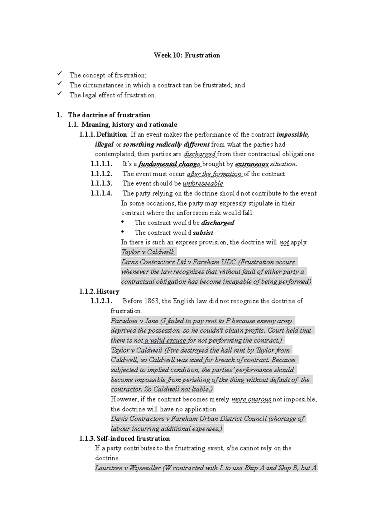 Frustration of Contract Law (LAW 101): Week 10 Lecture Notes - Studocu