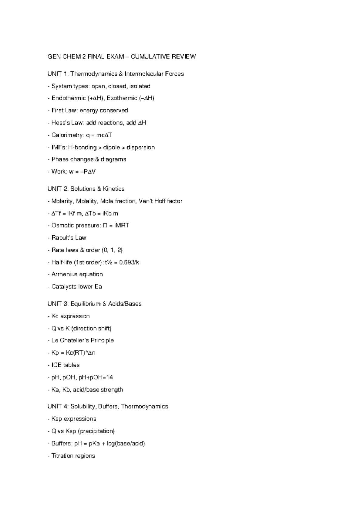 GEN CHEM 2 FINAL EXAM CUMULATIVE REVIEW: Key Concepts & Topics - Studocu