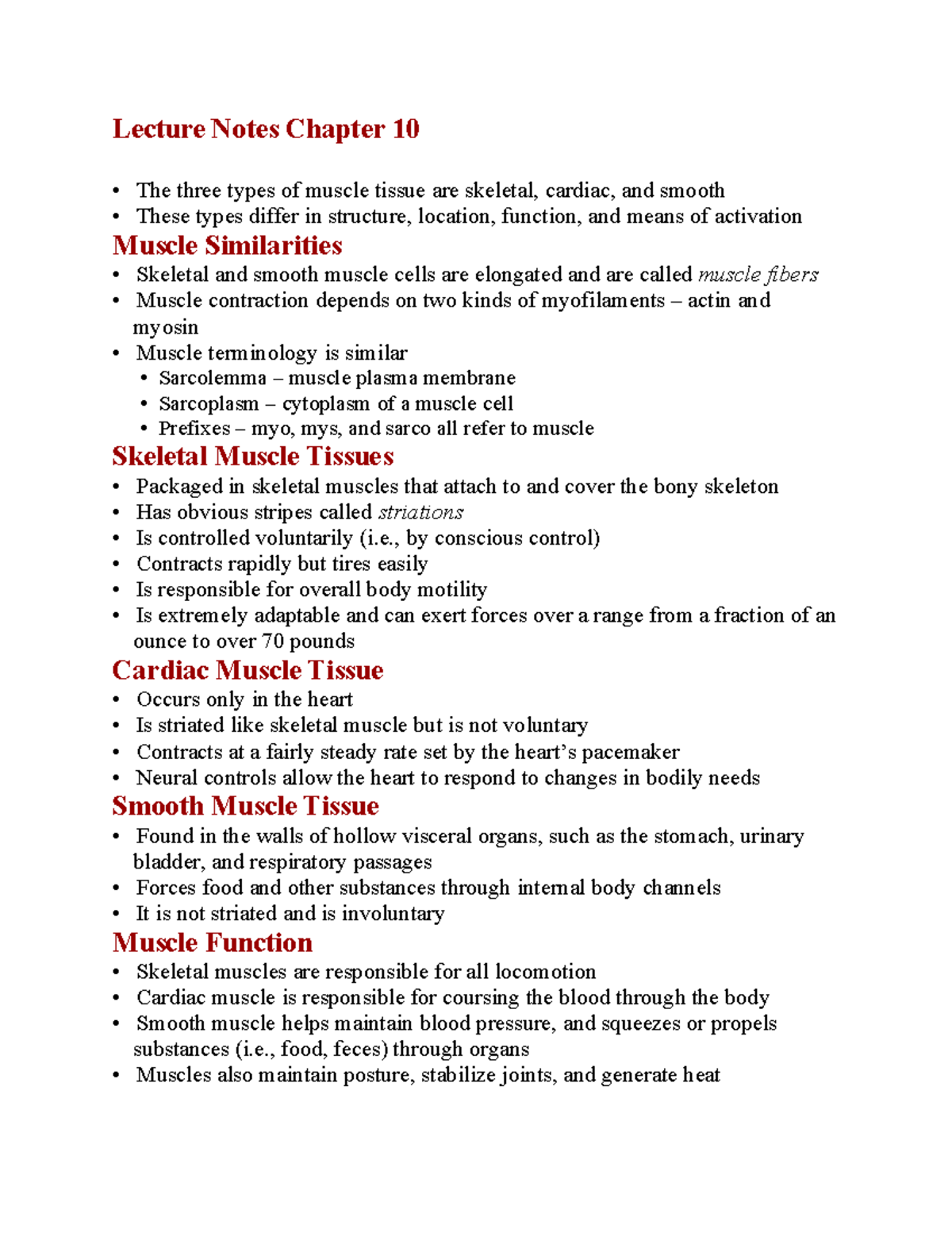 Lecture Notes: Chapter 10 - Types of Muscle Tissue and Their Functions ...
