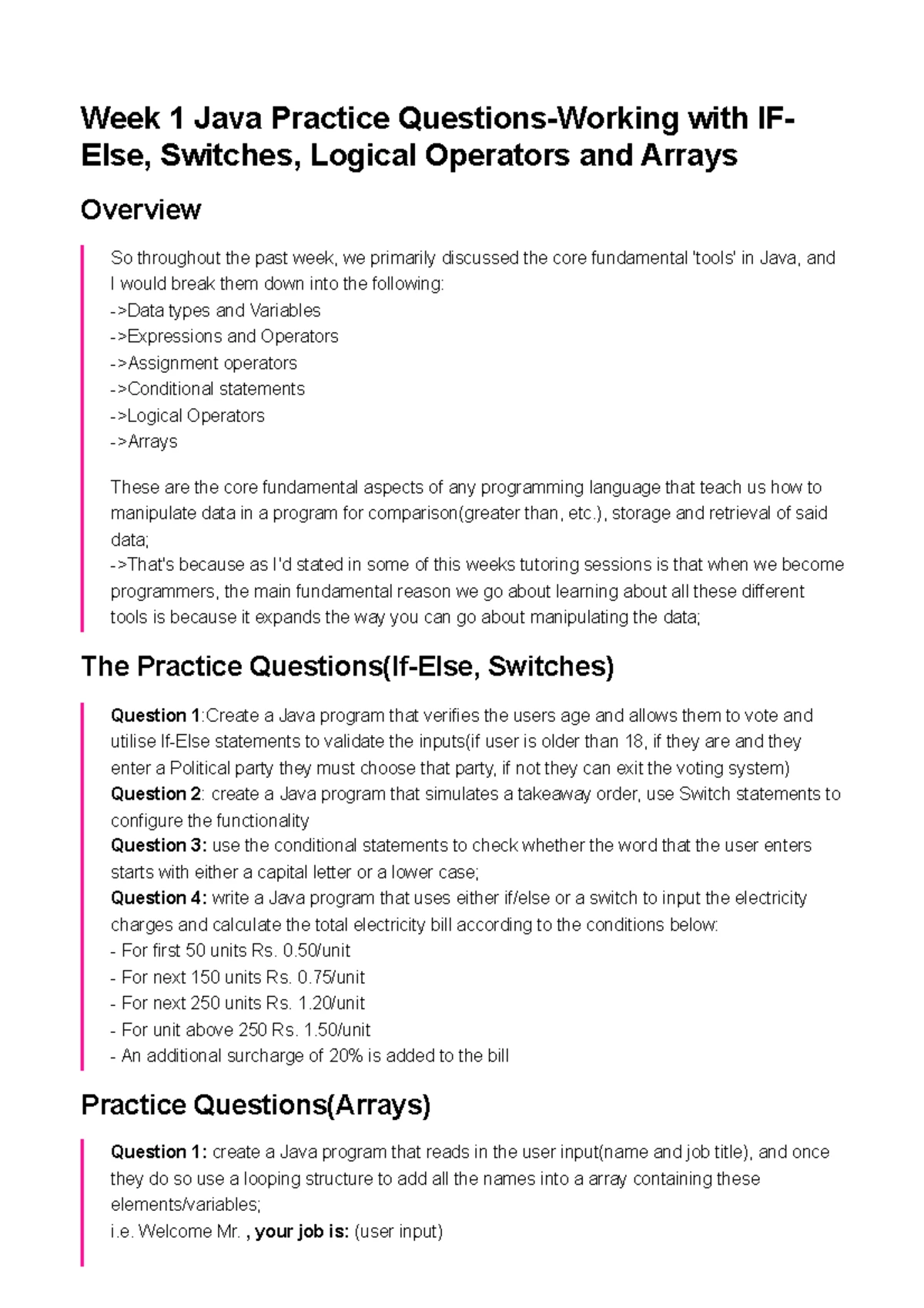Week 1 Java Practice Questions: IF-Else, Switch, Logic, and Arrays ...