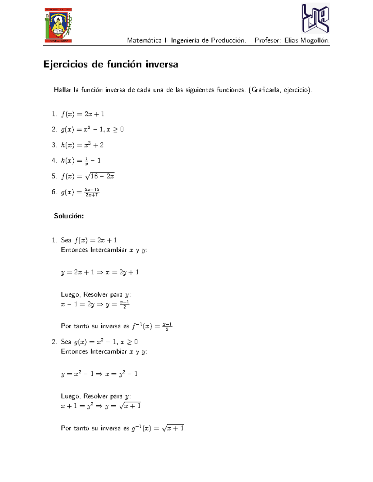 Ejercicios de Inversa en Funciones - Matemáticas INP - Studocu