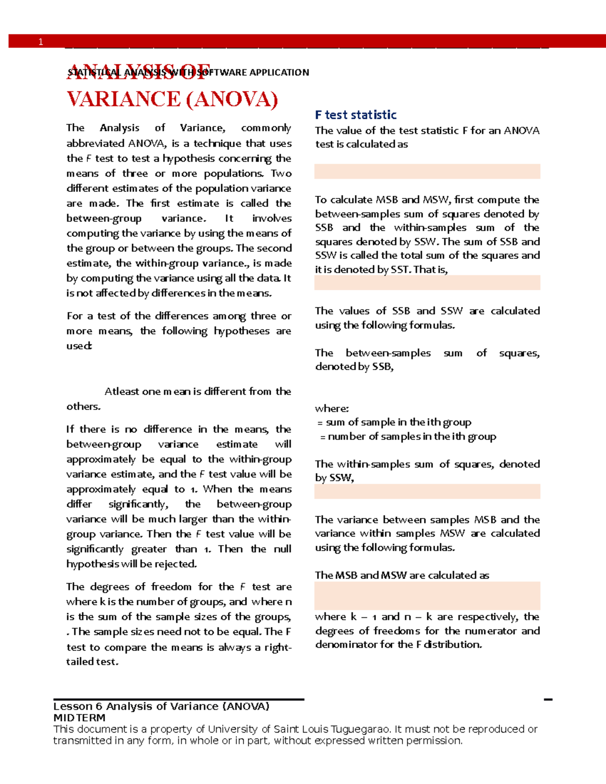 Lesson 6 Analysis of Variance F - It must not be reproduced or F test ...
