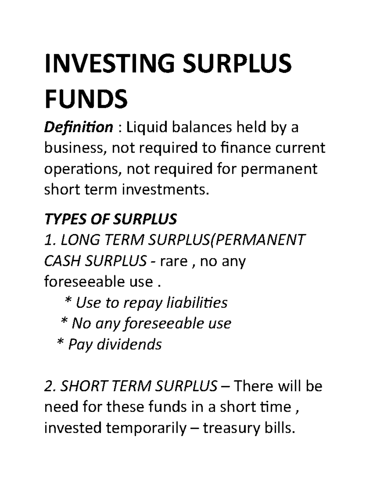Investment Strategies for Surplus Funds: Types and Management - Studocu