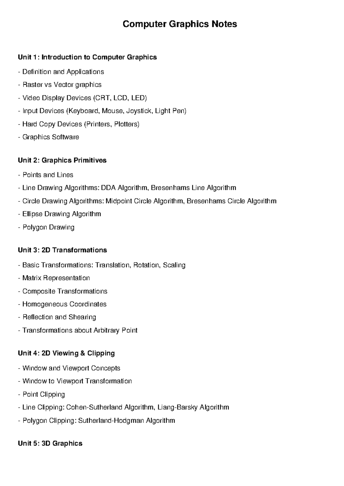 Computer Graphics Notes (CS101): Comprehensive Overview of All Units ...