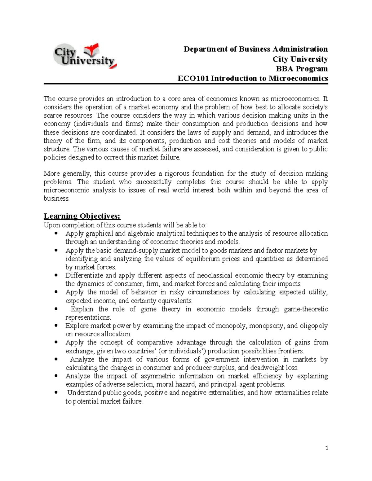 ECO101 - Introduction to Microeconomics Course Outline and Learning ...