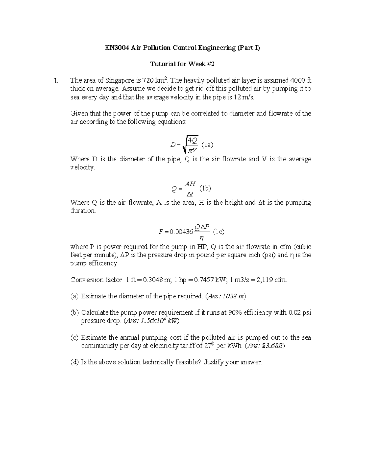 EN3004 Air Pollution Control Engineering Week 1 Tutorial Analysis - Studocu
