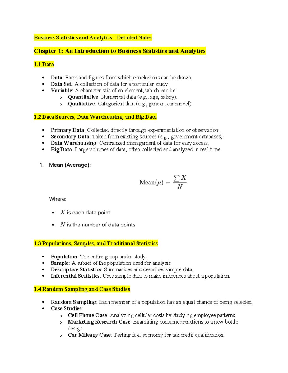Comm 214 Chapter Notes: Business Statistics & Analytics Overview - Studocu
