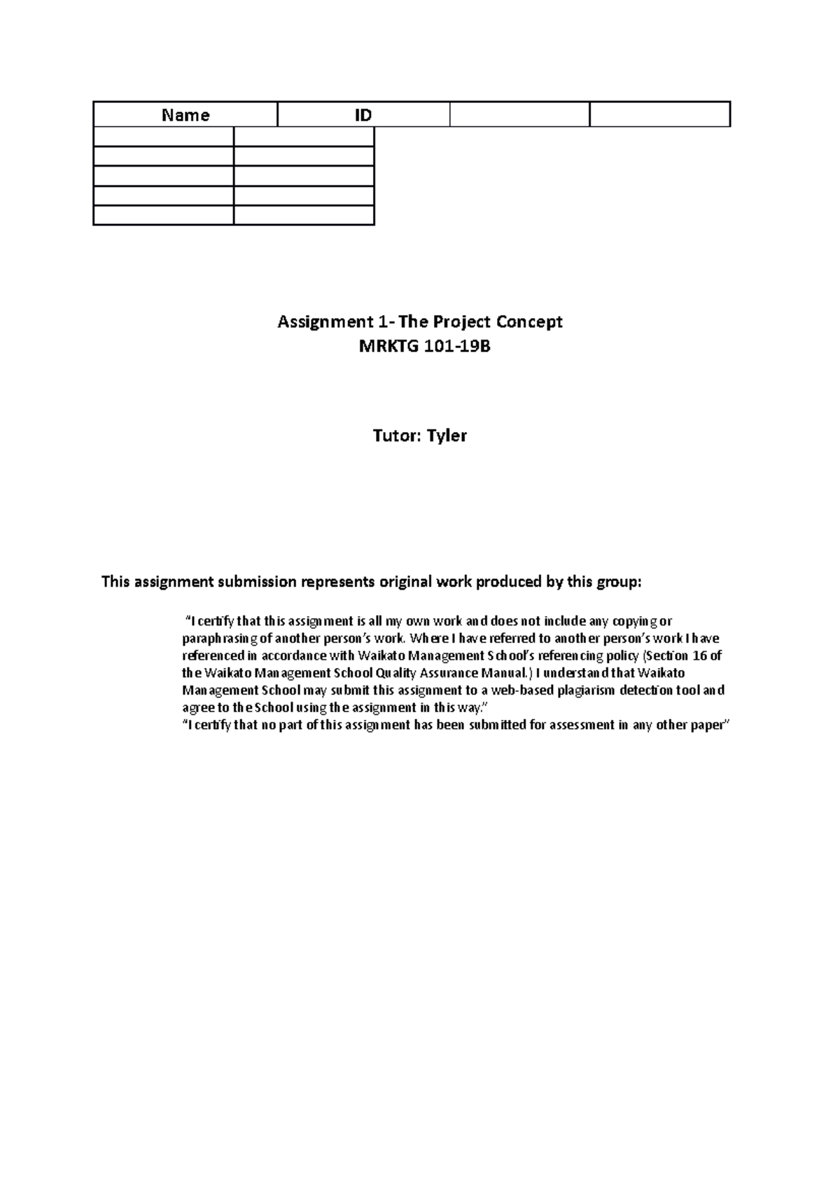 MRKTG101 - Assignment 1 - Name ID Assignment 1- The Project Concept ...