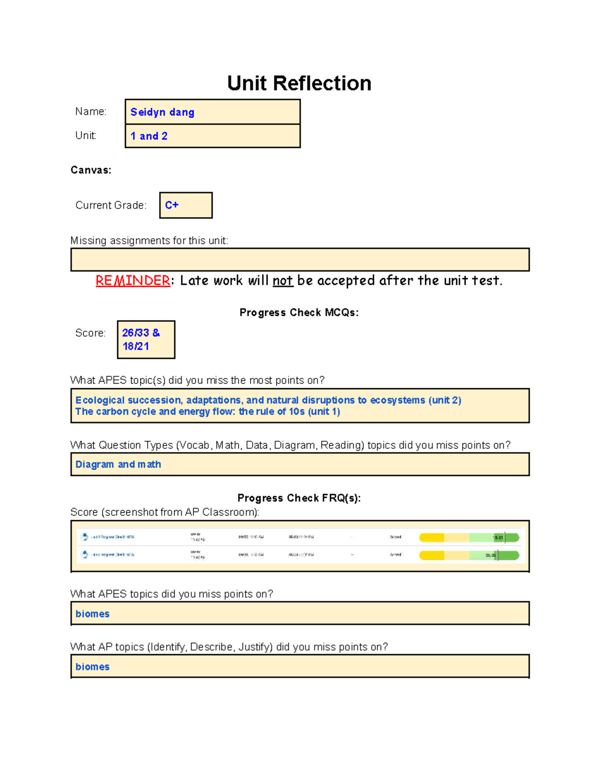 Unit Reflections for APES: Units 1 & 2 Progress Check Insights - Studocu