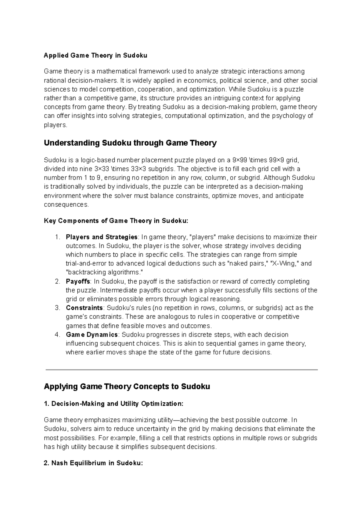 APPL 101: Sudoku and Applied Game Theory Insights and Strategies - Studocu