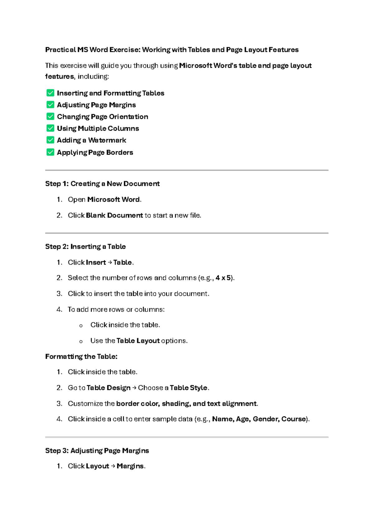 MS Word Exercise 1: Mastering Tables & Page Layout Features - Studocu