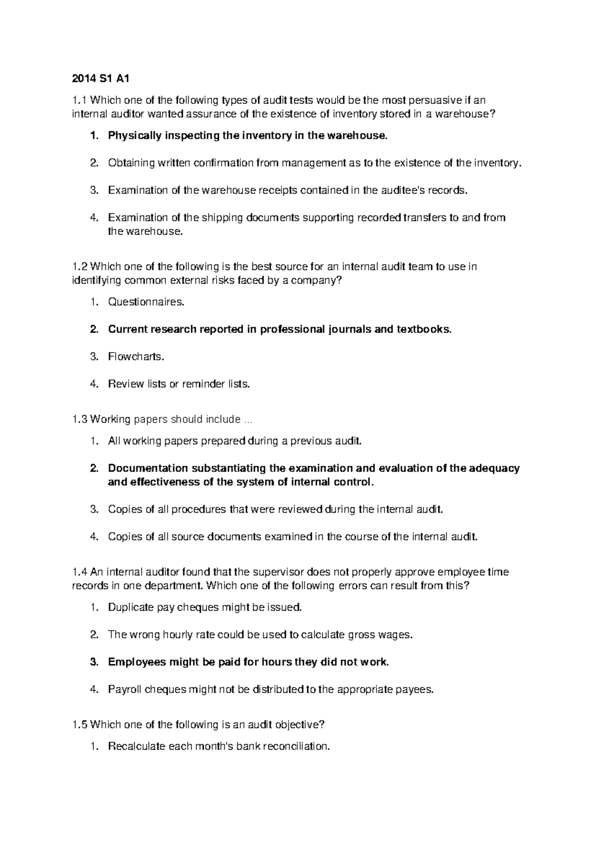 2014-2018 - Internal Audit Question Bank for A1 Exam Preparation - Studocu