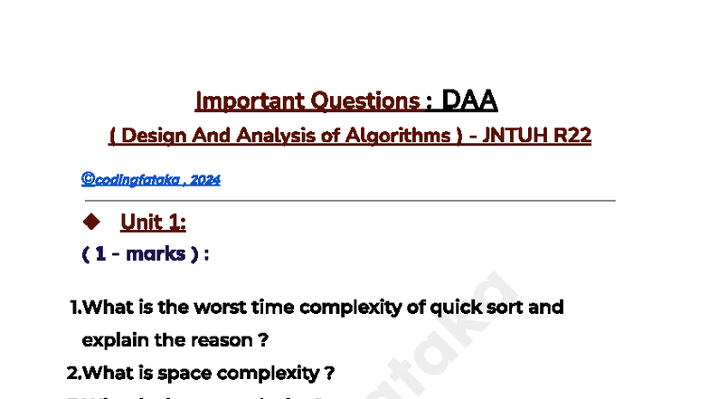 Important Questions: DAA (Design and Analysis of Algorithms) JNTUH R22 ...