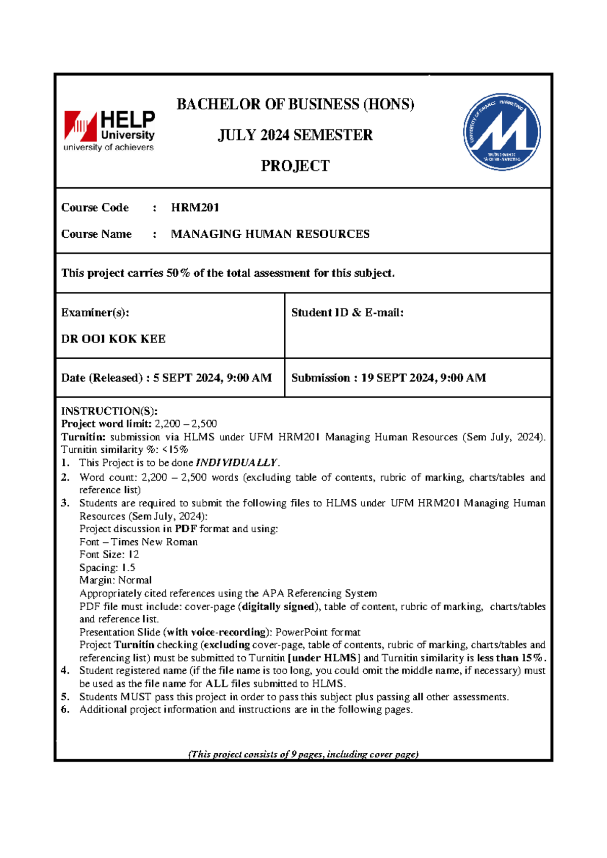 OK. UFM HRM201 - INDIVIDUAL PROJECT - BACHELOR OF BUSINESS (HONS) JULY ...