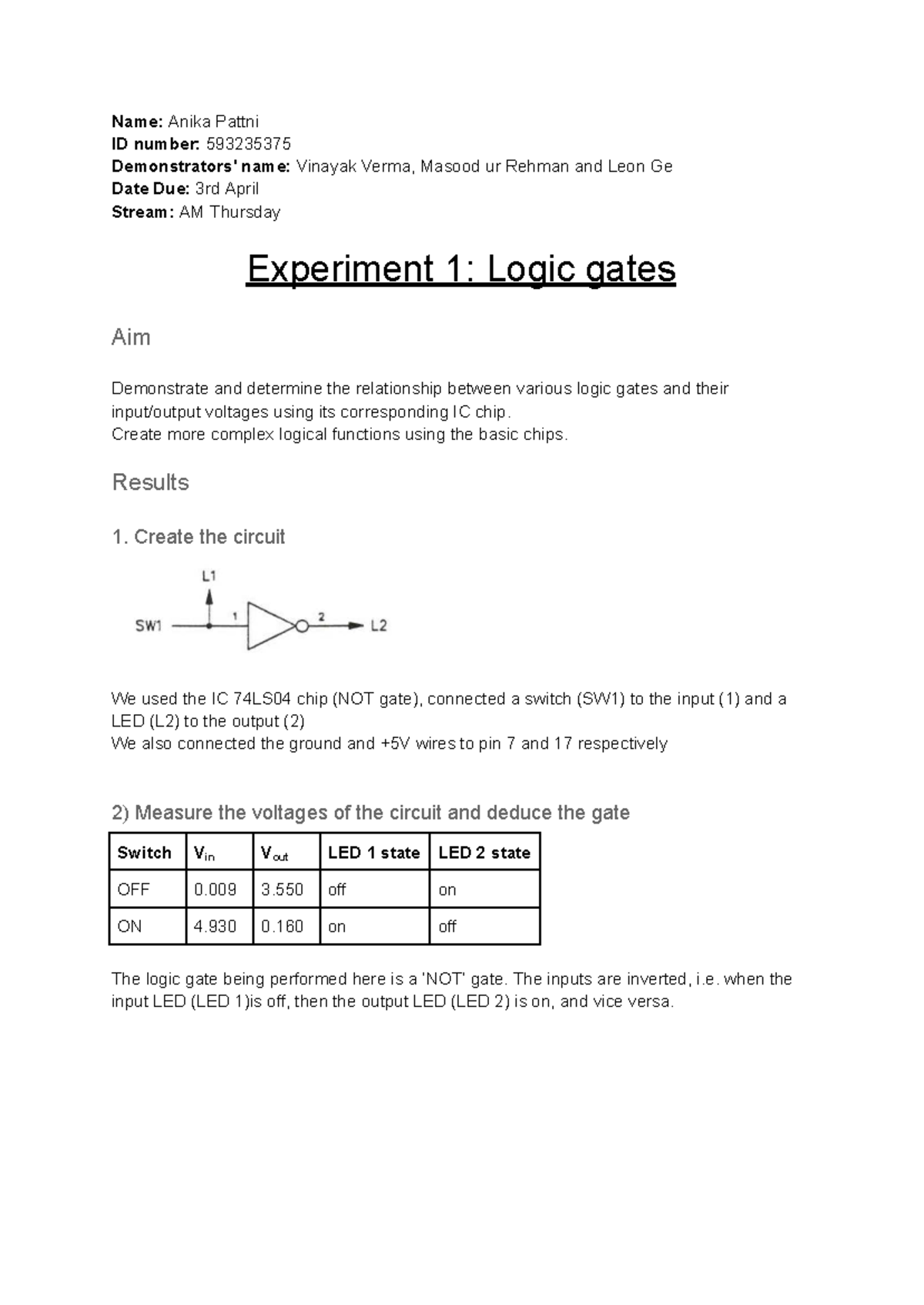 140 AM Thursday Experiment 1 Report: Logic Gates and Voltage Analysis ...
