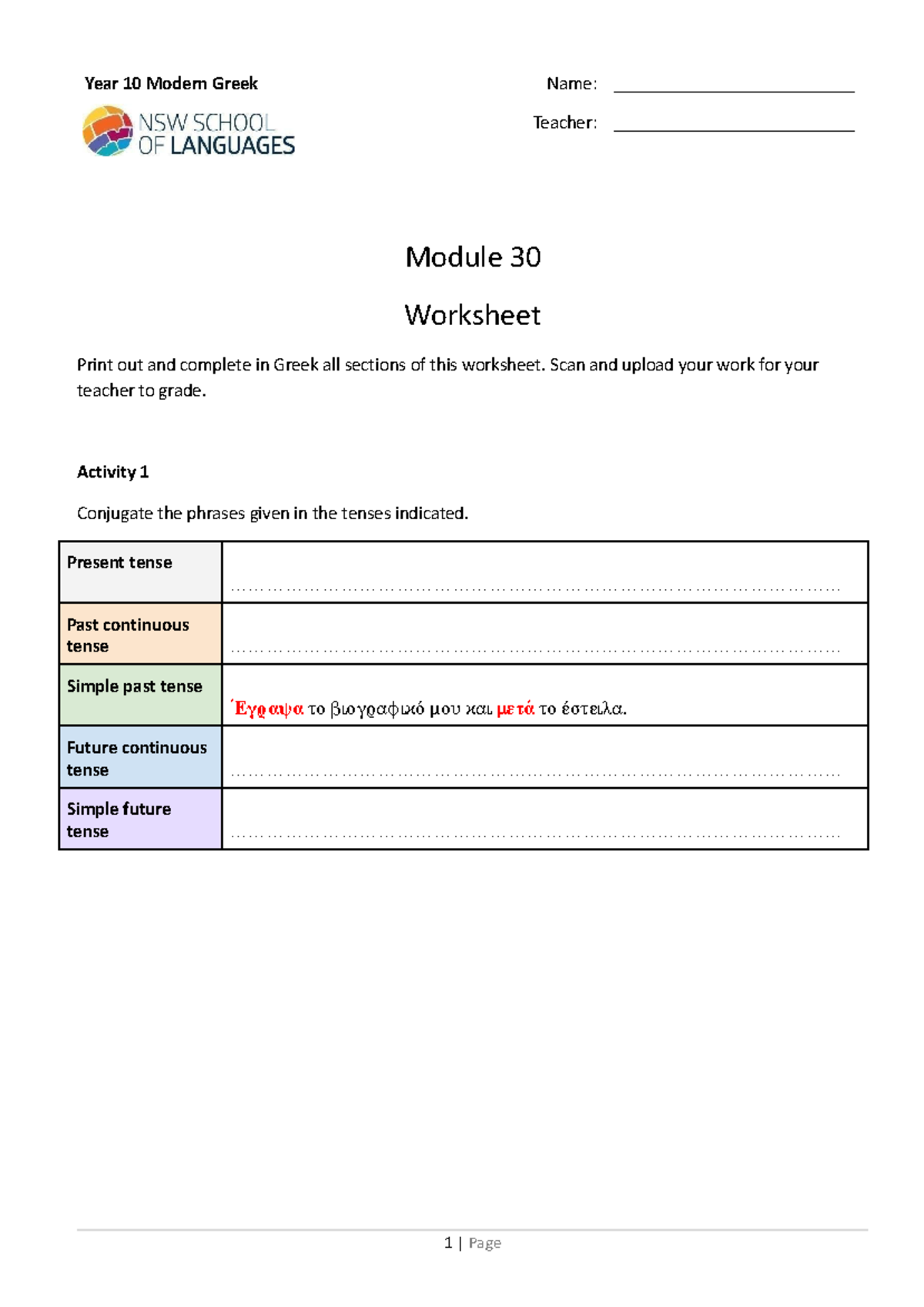Year 10 Modern Greek: Module 30 Worksheet Activities - Studocu