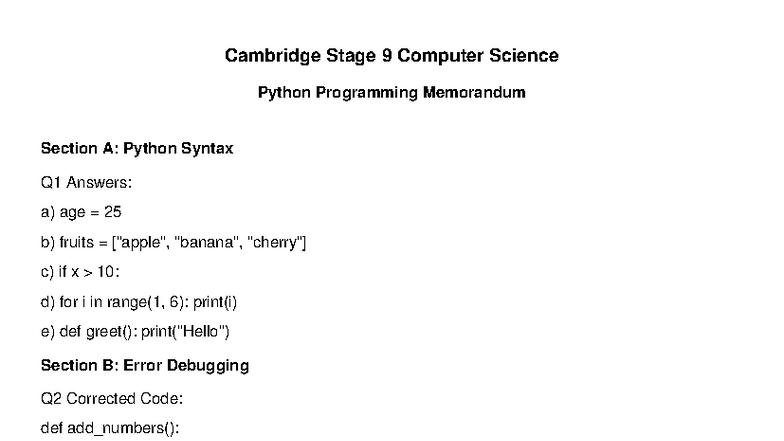 Stage 9 Python Programming Memorandum - Cambridge Stage 9 Computer ...