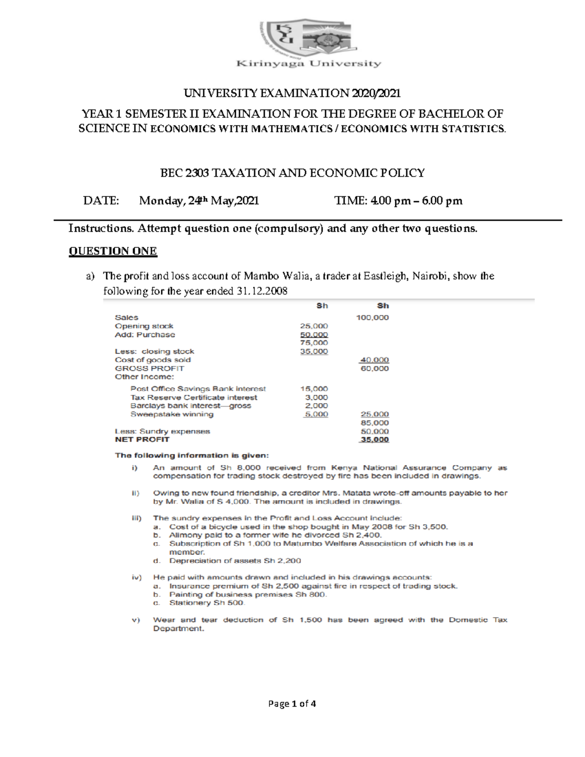 BEC 2303 Taxation and Economic Policy Final Exam Year 1 Semester 2 ...