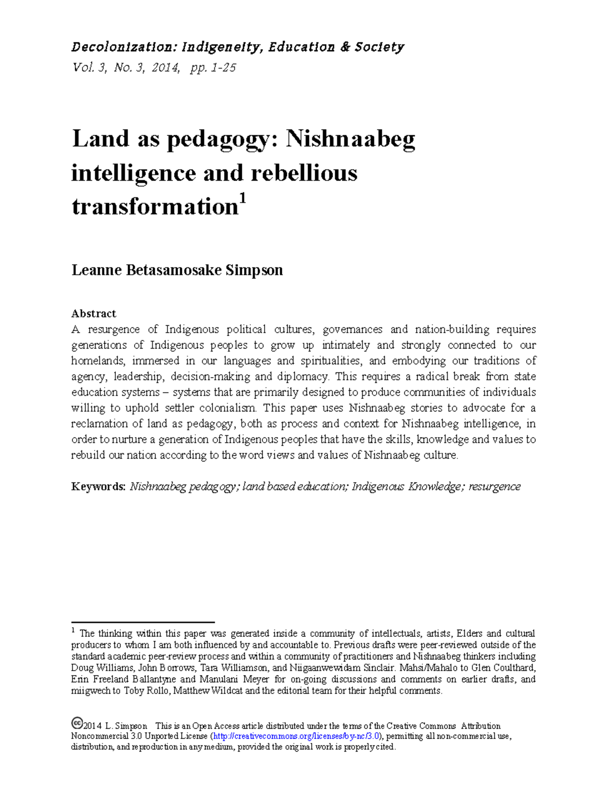 Land as Pedagogy: Nishnaabeg Intelligence and Indigenous Resurgence ...