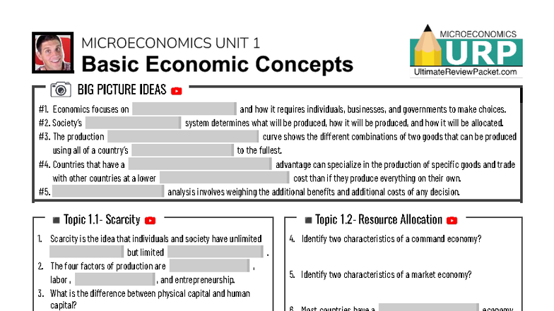 Micro Unit 1 Study Guide - \ BIG PICTURE IDEAS 1. Economics focuses on ...
