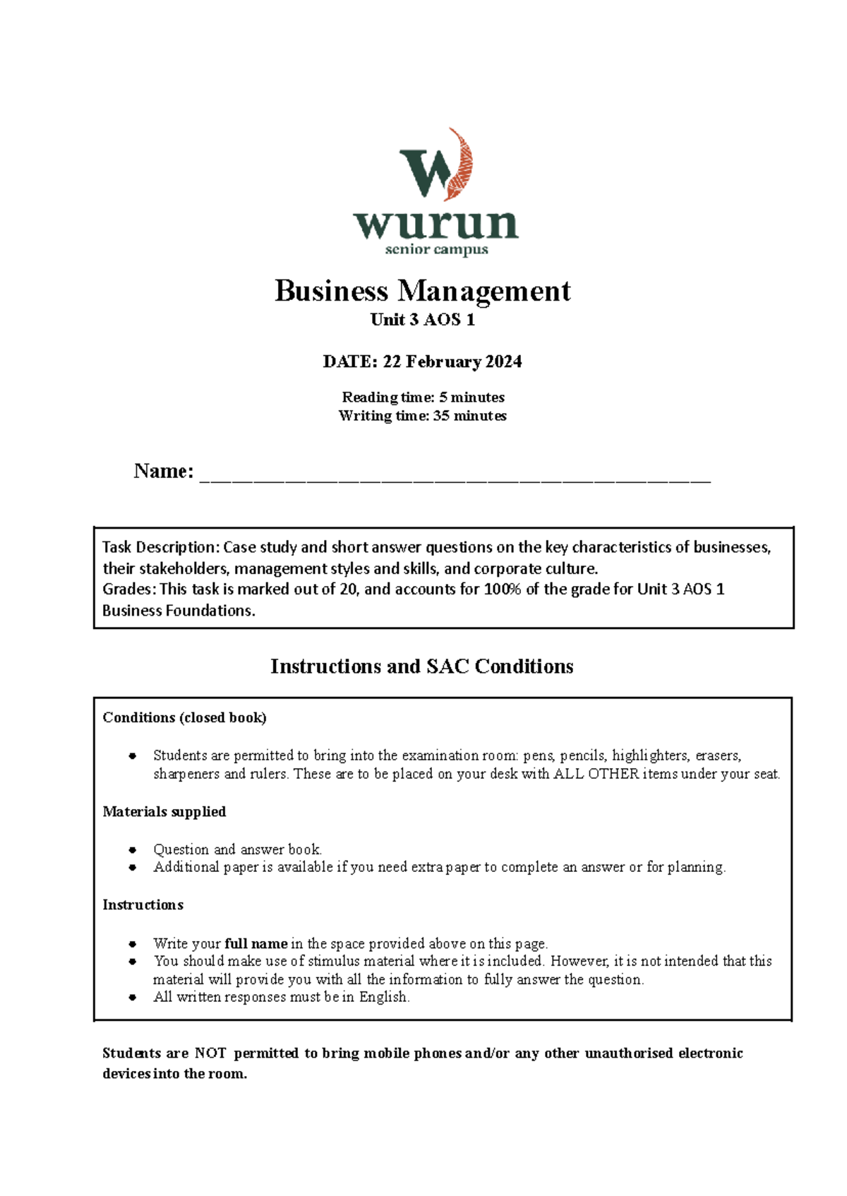 U3A1 Business Management SAC 2024: Case Study & Key Concepts - Studocu