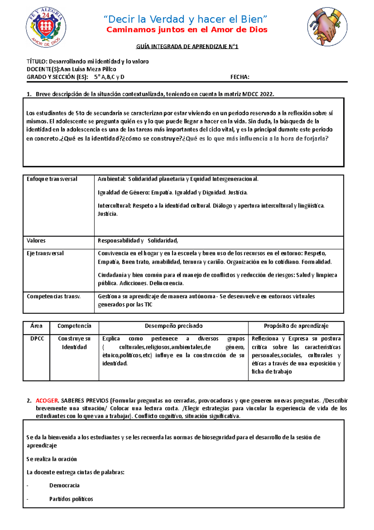 Guía de Aprendizaje N° - Desarrollando mi Identidad en DPCC 5to - Studocu