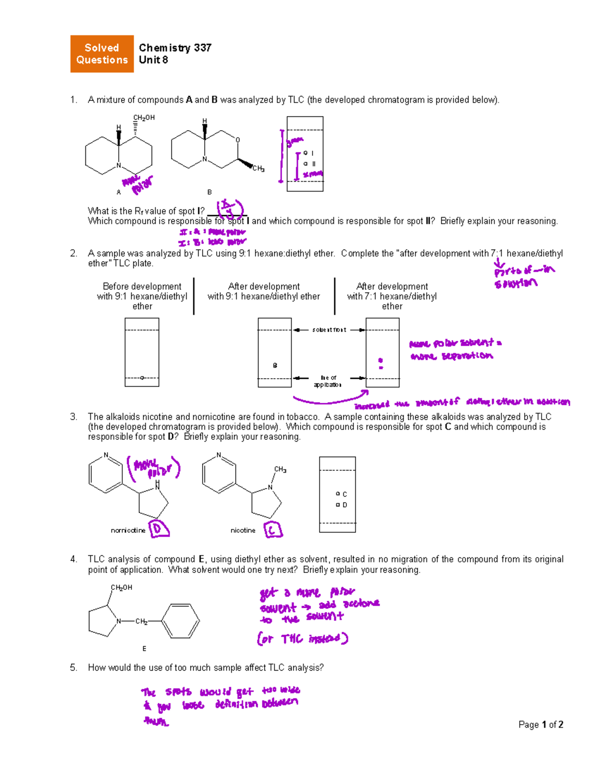Chemistry 337 Unit 8 Solved Questions for TLC Analysis - Studocu