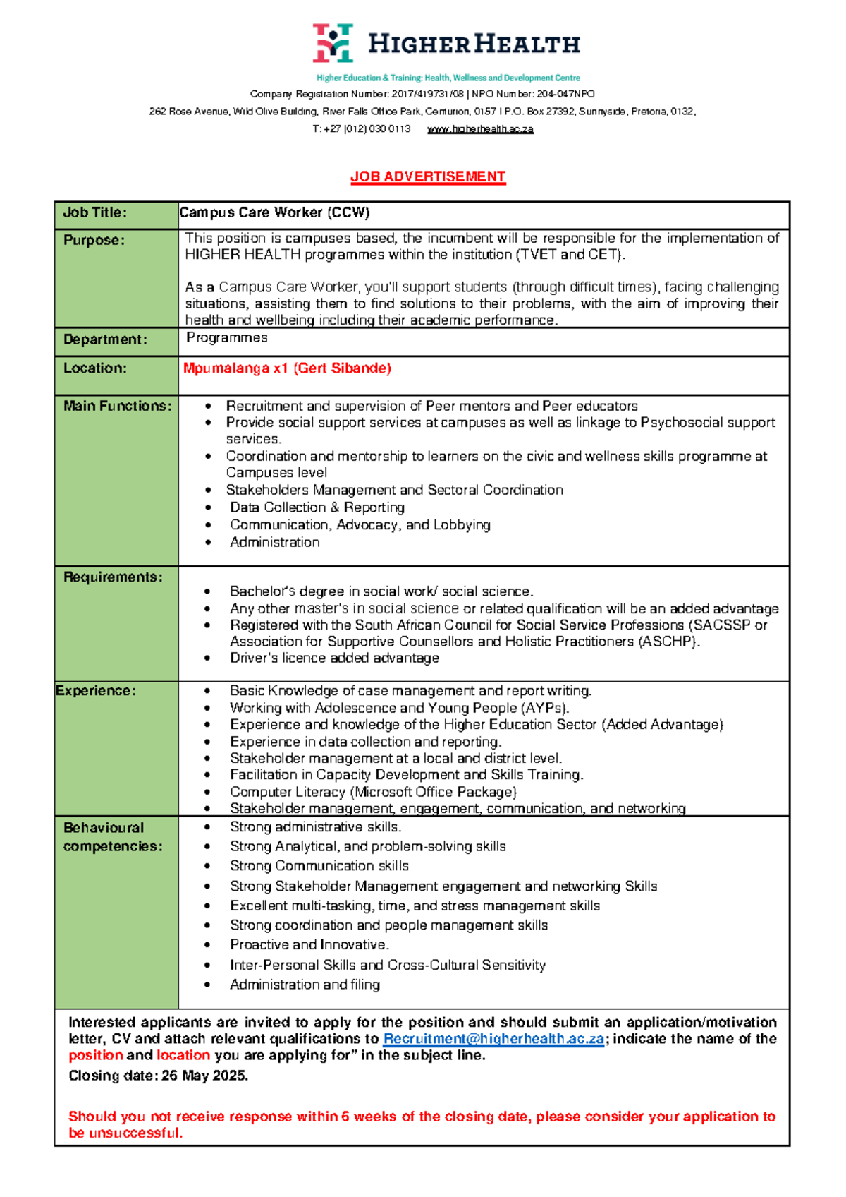 Job Advertisement: Campus Care Worker (CCW) - Mpumalanga (Kec Lc 1FP3He ...