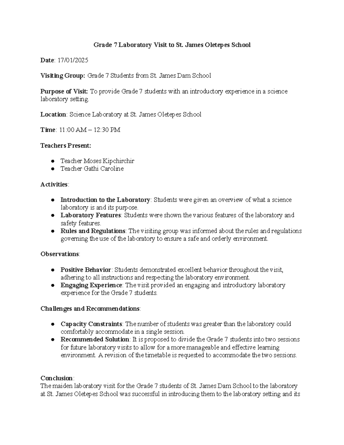 Lab session report - Grade 7 Laboratory Visit to St. James Oletepes ...
