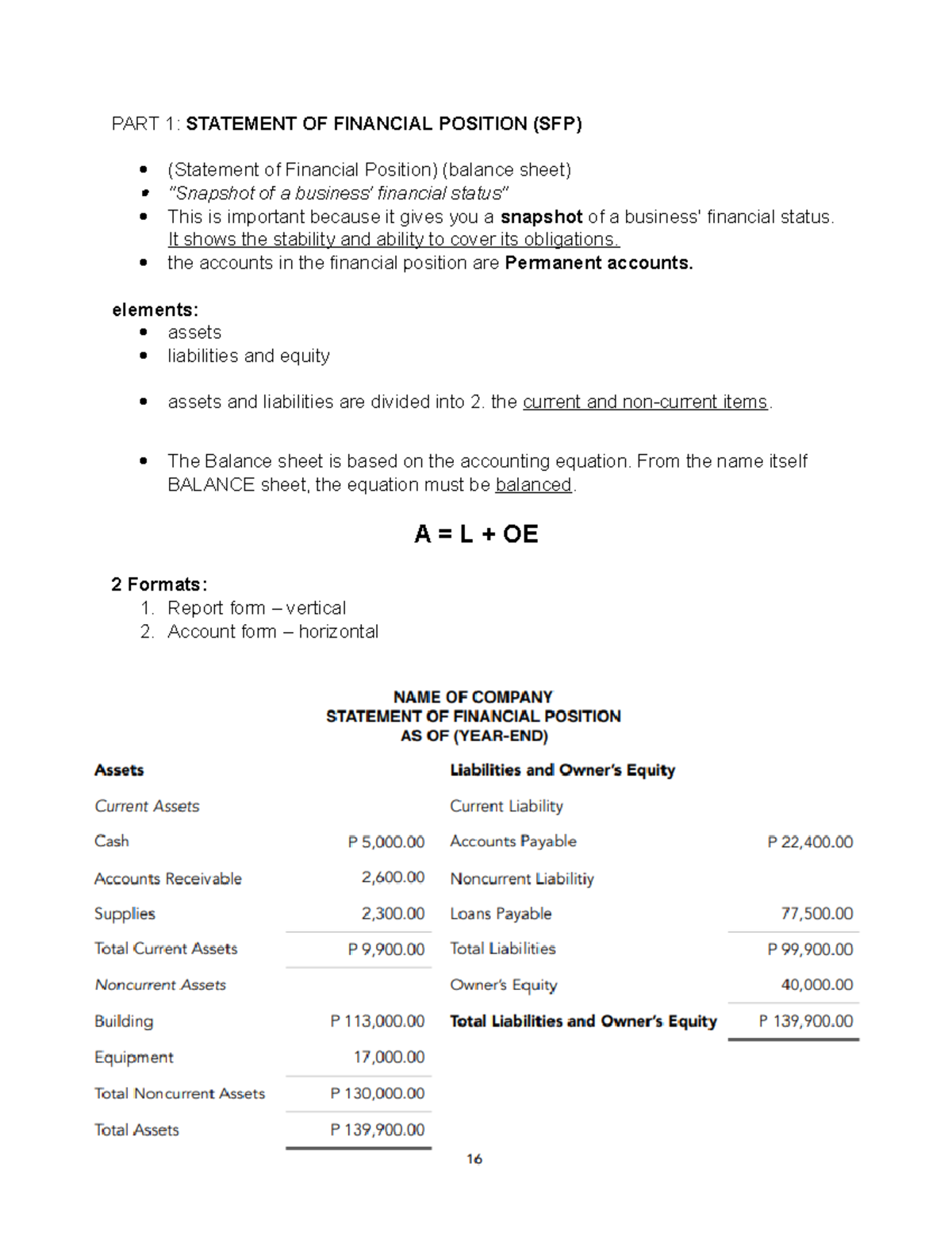 Statement Of Financial Position Report Form