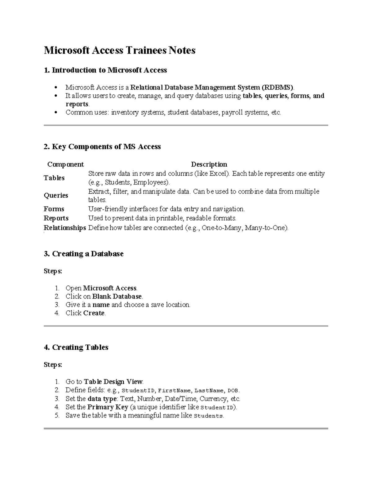Microsoft Access Notes: Introduction & Key Components - Studocu