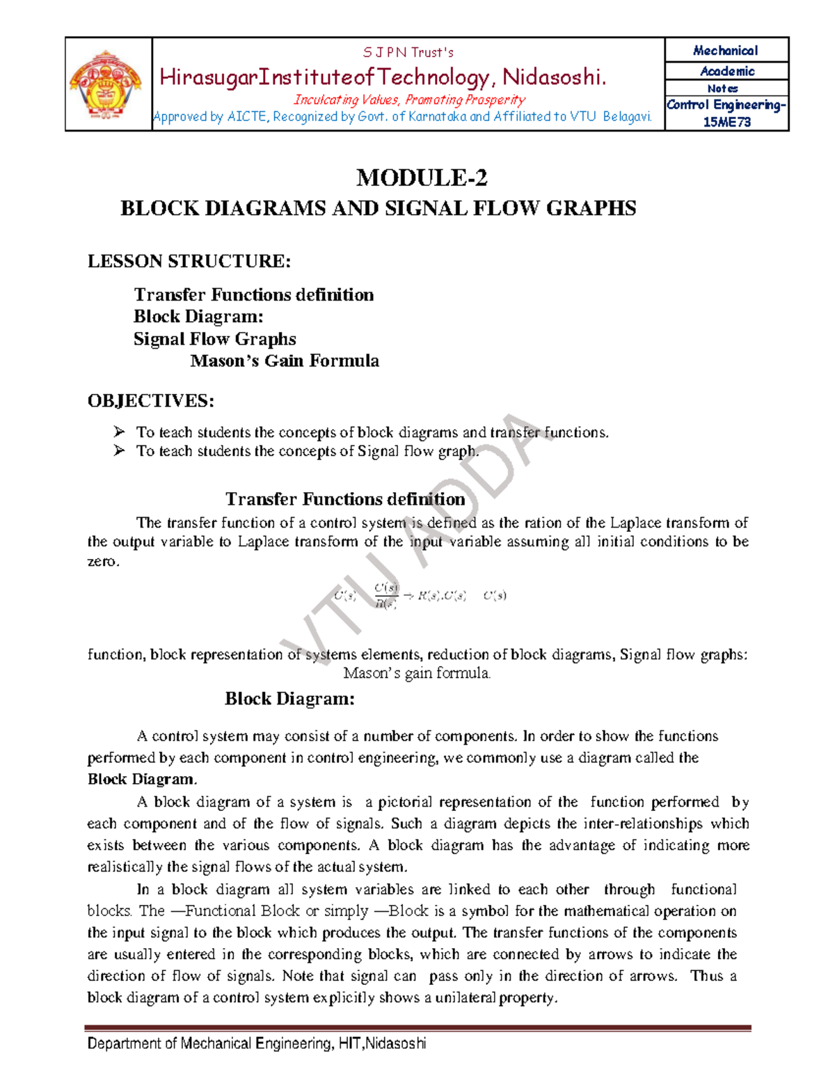 Control Engineering 15ME73: Block Diagrams & Signal Flow Graphs Notes ...